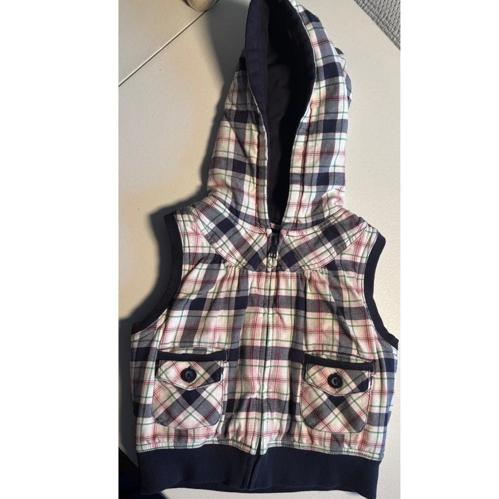 Gymboree Kids‎ Girls Plaid Hooded Vest Size 7 Full Zip Sleeveless Top EUC